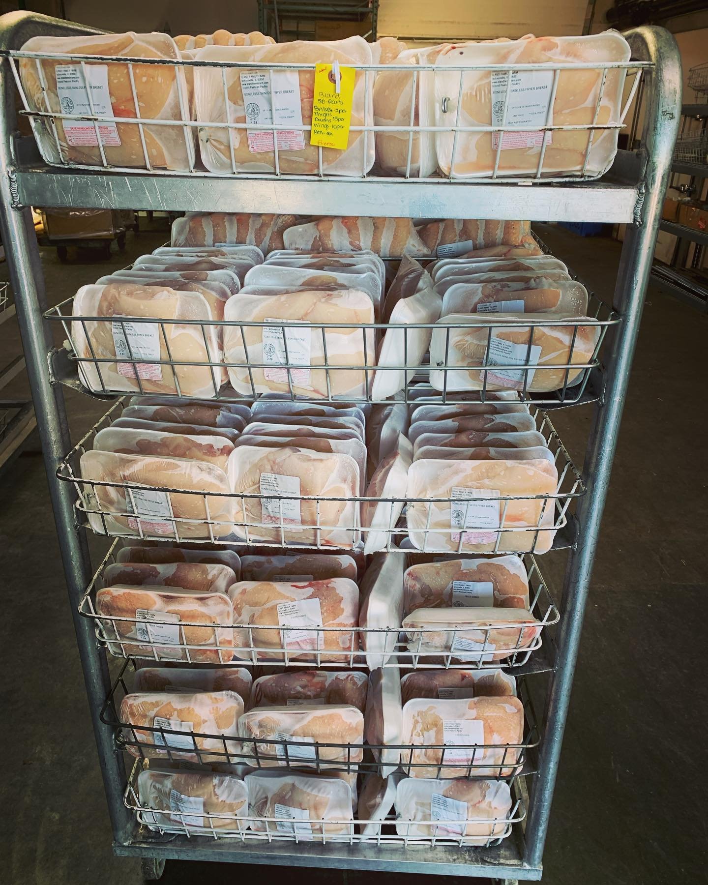 309854683_1721102271598266_3899563237568459758_n Frozen chicken breasts neatly arranged in clear packaging on a metal shelving unit in a commercial kitchen or storage facility. Each package is labeled for identification and pricing.