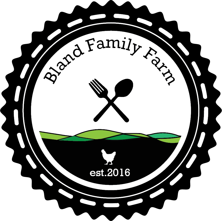 Logo of Bland Family Farm featuring a fork and spoon crossed over a landscape design, established in 2016. The logo emphasizes farm-to-table dining and sustainable agriculture.