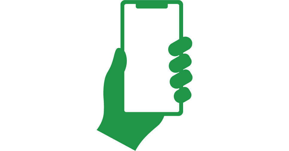 Style+01-01 Green silhouette of a hand holding a smartphone with a blank screen, symbolizing mobile technology and communication.