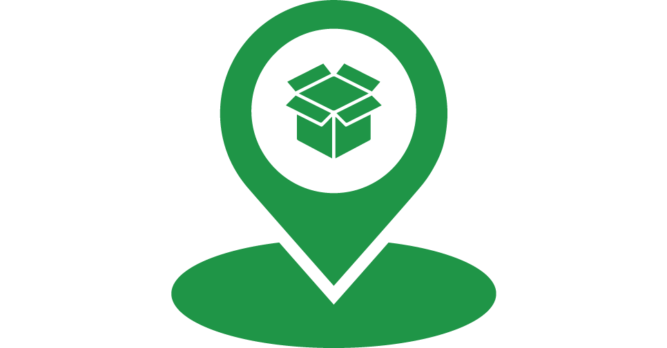 Style+01-37 Green location pin icon with a box symbol inside, representing package tracking and delivery services.