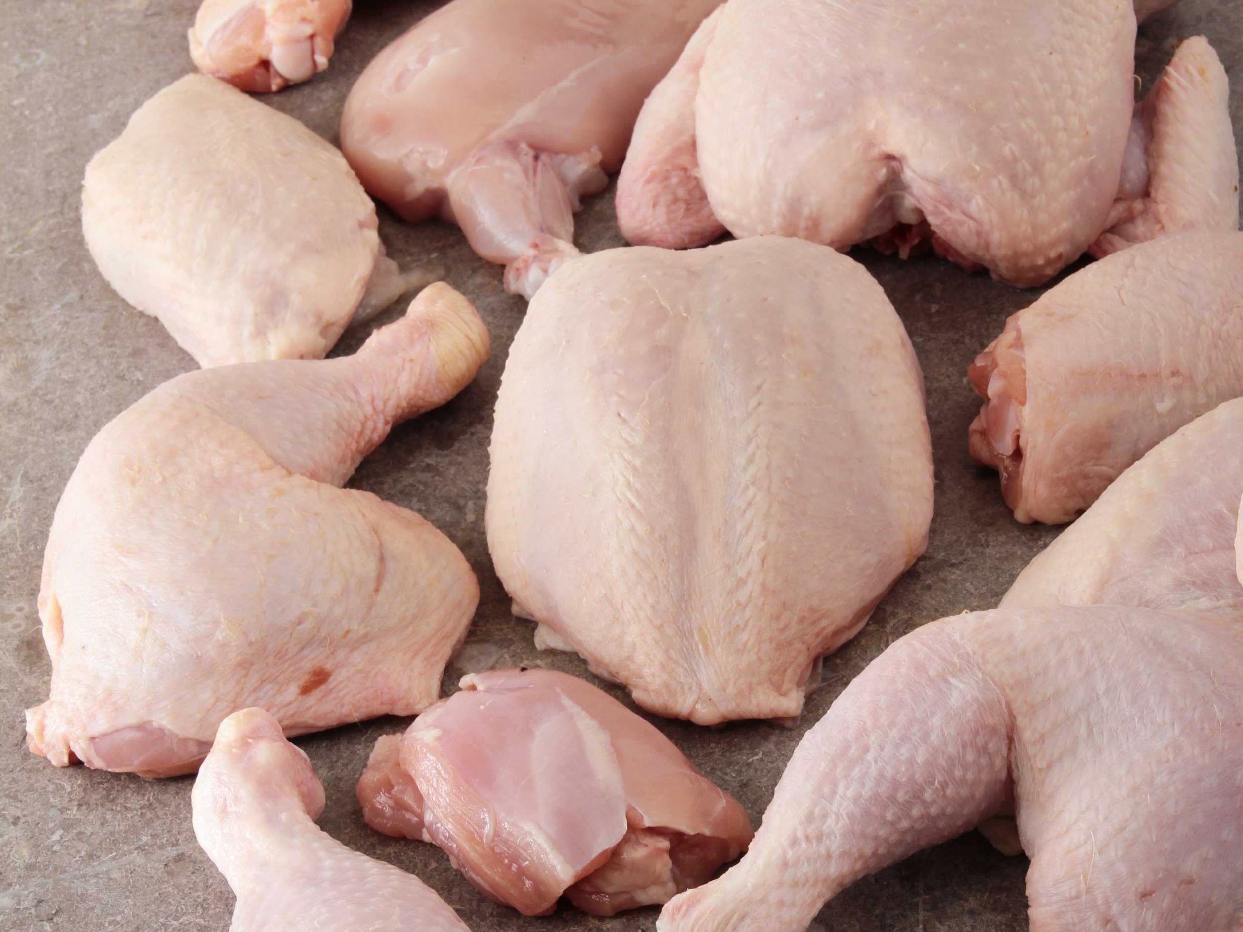 Raw chicken parts including thighs, drumsticks, and chicken breasts arranged on a gray surface, showcasing fresh poultry ready for cooking or meal preparation.